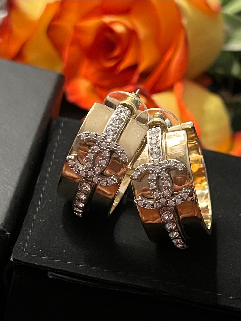 CHANEL 22S Gold & Crystal Hoop CC Logo Earrings with Original Box/Ribbon
